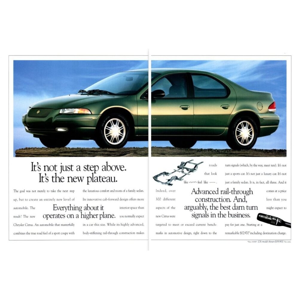 1994 Chrysler Cirrus Green Sedan 2 Page Vintage Print Ad Plateau 90s Wall Art